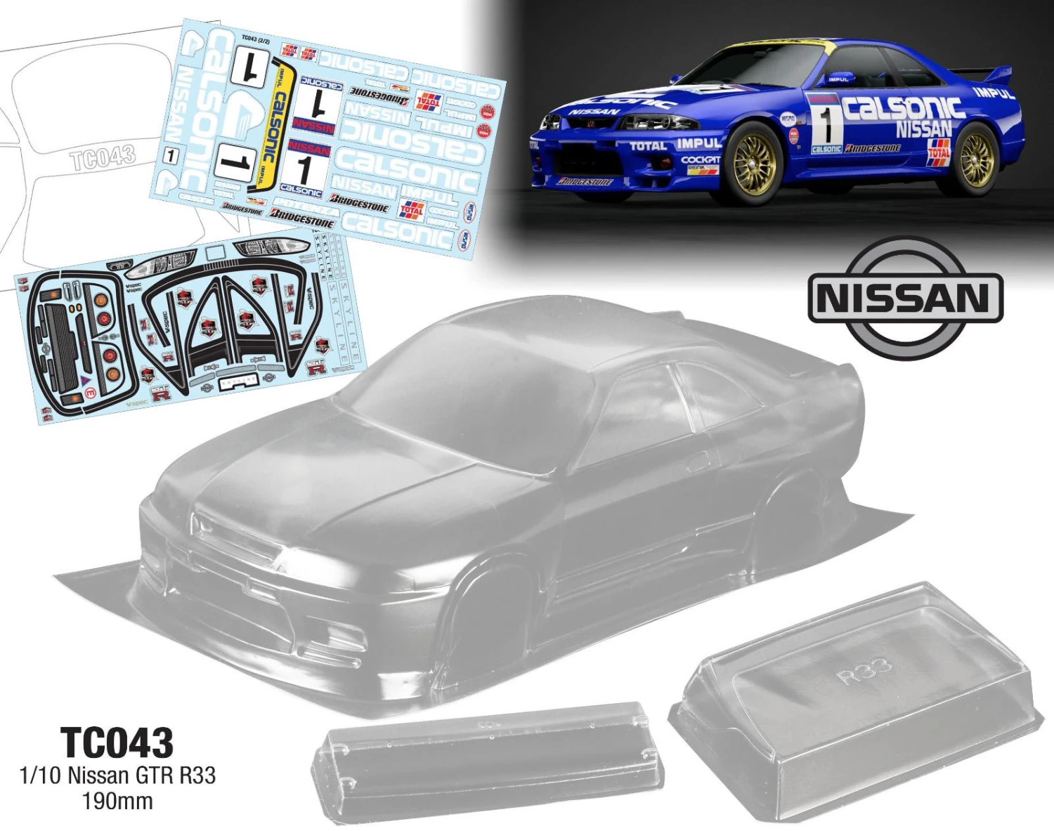 TC043 1/10 Nissan GTR R33 Calsonic, 190mm Tamiya TT01 TT02 HPI Kyosho Drift MST 3 TC043 1/10 Nissan GTR R33 Calsonic, 190mm Tamiya TT01 TT02 HPI Kyosho Drift MST