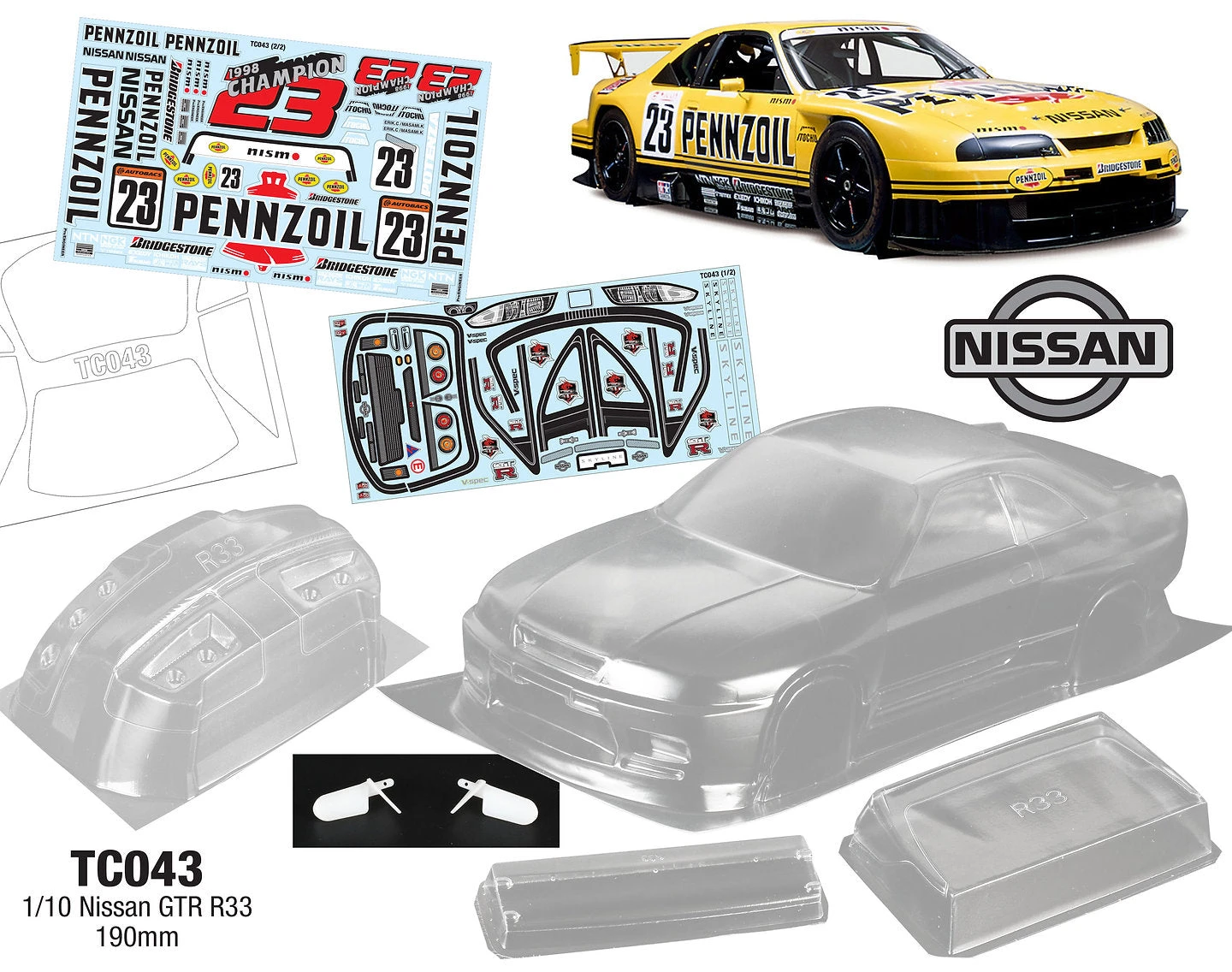 TC043 1/10 Nissan GTR R33 Pennzoil, 190mm Tamiya TT01 TT02 HPI Kyosho Drift MST 3 TC043 1/10 Nissan GTR R33 Pennzoil, 190mm Tamiya TT01 TT02 HPI Kyosho Drift MST